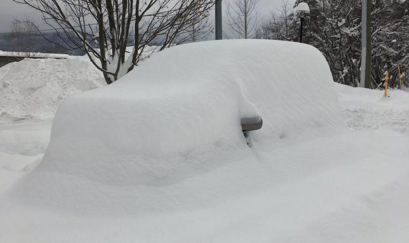 A vehicle completely covered in snow with the only the mirrors showing.