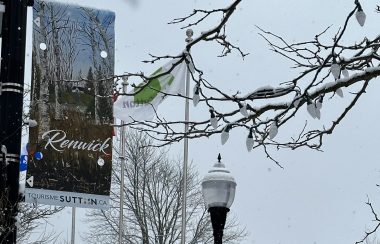 One of the banners on Main Street on a snowy winter day.