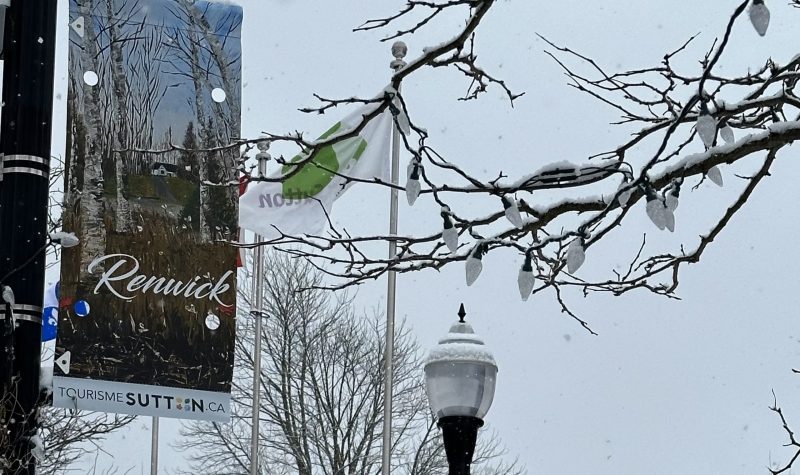 One of the banners on Main Street on a snowy winter day.