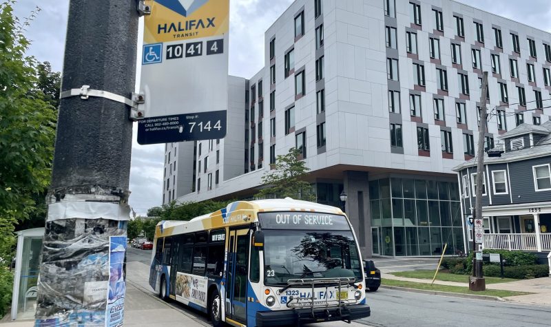 Photo of a bus at a Halifax bus station saying out of service.