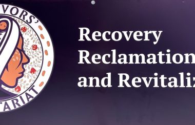 Survivors Secretariat logo on dark purple background with the words the Recovery, Reclamation and Revitalization written beside the logo