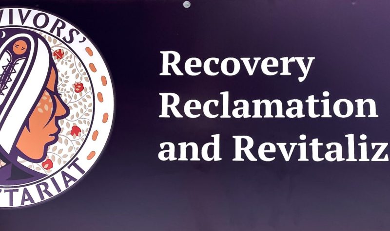 Survivors Secretariat logo on dark purple background with the words the Recovery, Reclamation and Revitalization written beside the logo