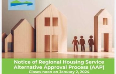Several wooden house models and three silhouettes of people against a beige backdrop and notice of Regional Housing Service AAP below against green and blue backdrops.