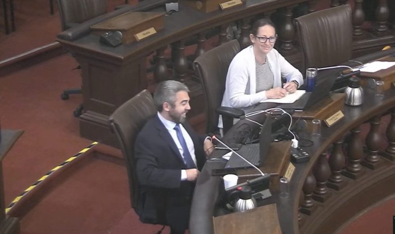 Two councillors sit in front of their mics at Kingston city hall.