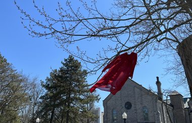 A red dress hangs off a tree branch, swinging lightly. A limestone campus building is seen in the background, with trees.