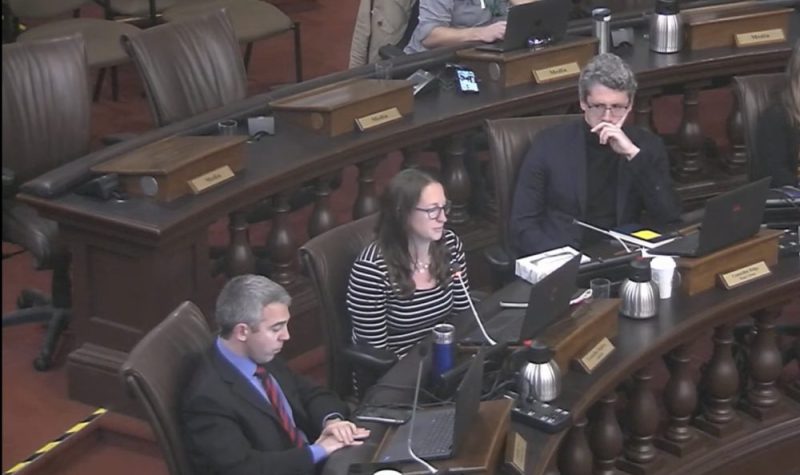 Three councillors sit in their seats at Kingston City Hall, counc. Stephen in the middle speaking into her microphone.