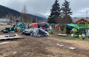 Photo of homeless encampment in Smithers across from the Town Hall