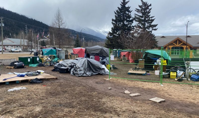 Photo of homeless encampment in Smithers across from the Town Hall