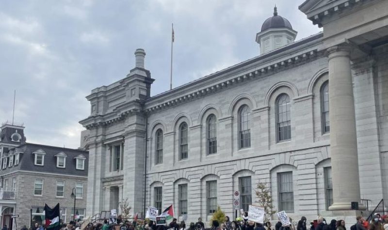 a group of protestors standing out front at city hall, it is a gloomy day with grey skies matching the grey stone of city hall. protestors are holding palestinian flags and posters spreading their message.