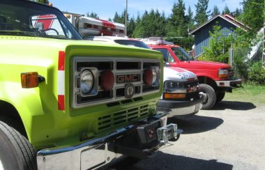 A photo of volunteer fire trucks and an ambulance (from Campbell River) at Cortes Island 2017 Emergency Preparedness & Awareness Weekend.