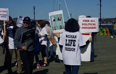 A woman holding a sign that says free all political prisoners. On her shirt is says woman life freedom. She is standing with her back in a rally, there are other protestors with signs.