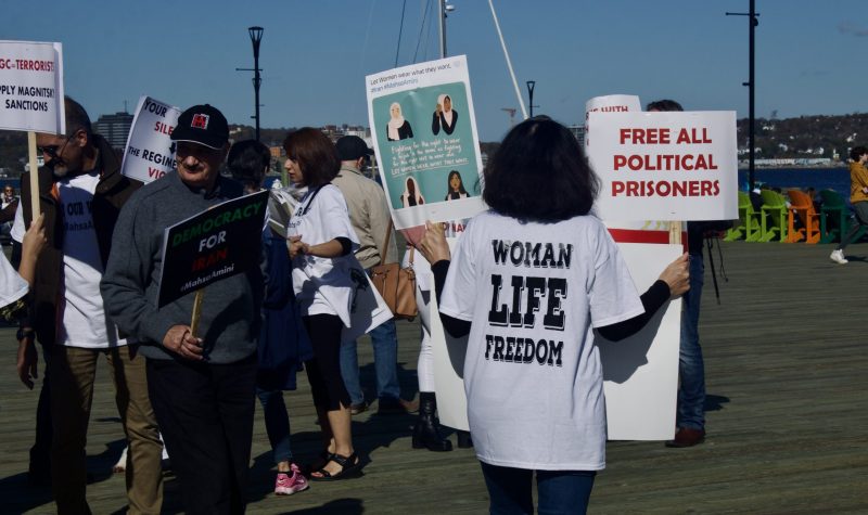 A woman holding a sign that says free all political prisoners. On her shirt is says woman life freedom. She is standing with her back in a rally, there are other protestors with signs.