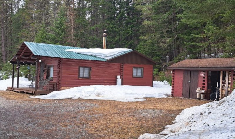 Chalet de couleur rouge entouré de conifères avec quelques butes de neige. lors d'une journée de printemps.