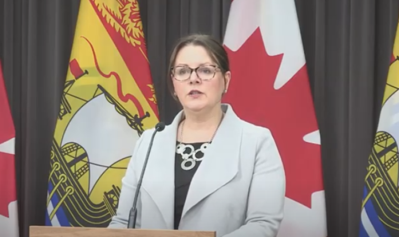 Jennifer Russell vêtue d'une veste grise devant un drapeau du Canada et du Nouveau-Brunswick