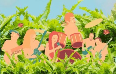 A digital drawing of several musicians ambiguously naked in a fern forest.