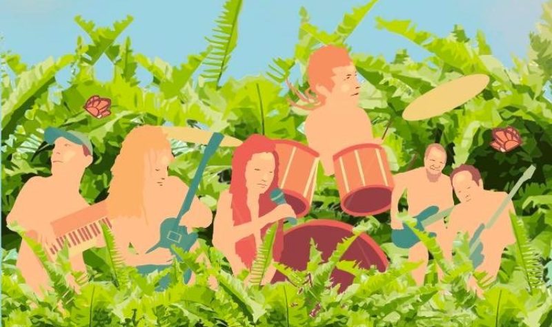A digital drawing of several musicians ambiguously naked in a fern forest.