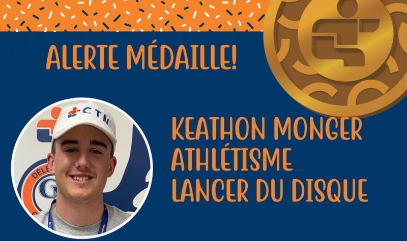 Un montage photo d'un adolescent indiquant : Alerte médaille pour Keathon Monger en athlétisme au lancer du disque.