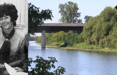 Two photos are side by side. On the right a 1970s era black and white photo shows a smiling young woman with bouffant hair and a sweater set. One the left is a modern colour photo of the South Nation River bridge near where Langford's body was found in 1975.