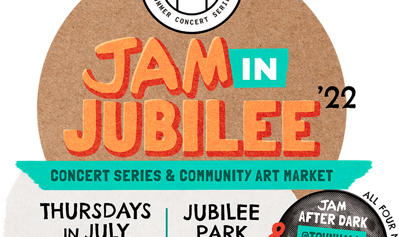 A brown, orange and green banner containing information for the Jam in Jubilee festival