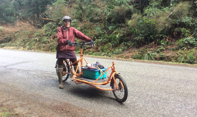 A woman riding e-cargo bike with load on rural road
