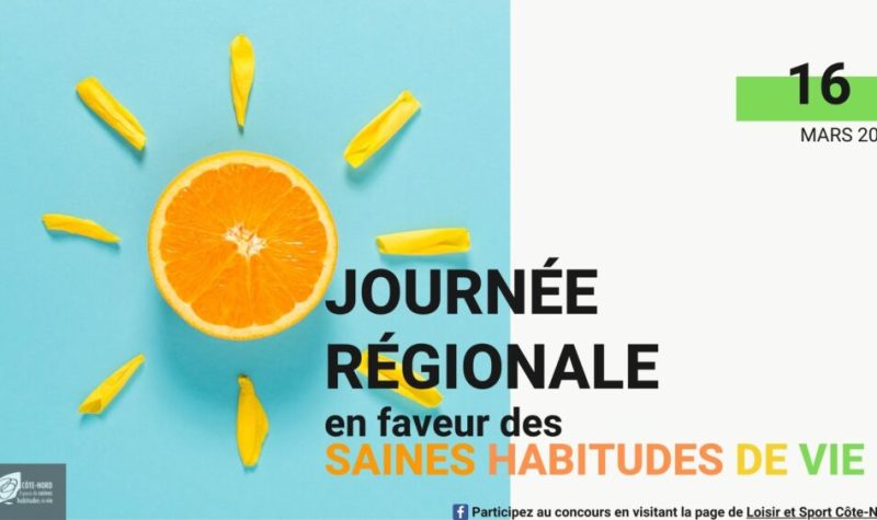 Affiche de la journée régionale en faveur des saines habitudes de vie. Il y a un soleil dessiné avec une orange sur un fond bleu et blanc.