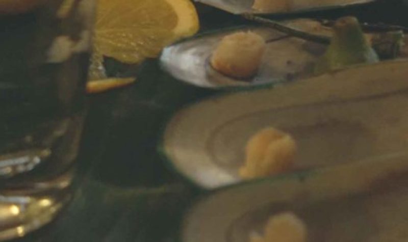 Mussel shells, a lemon wedge and a full glass on a table top.