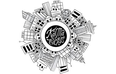 The white and black Karma Teachers logo with the name in a circle in the miggle and a city scape wrapped around it.