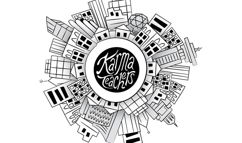 The white and black Karma Teachers logo with the name in a circle in the miggle and a city scape wrapped around it.