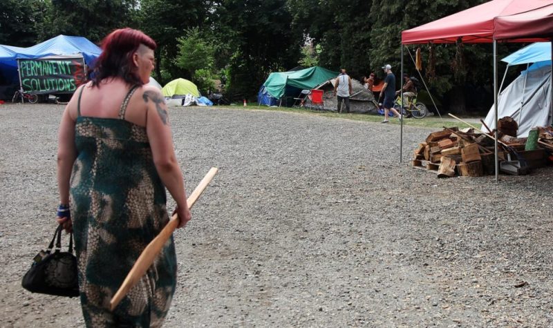 A photo of Kirstine Fermin at the tent city in Strathcona Park in Vancouver.