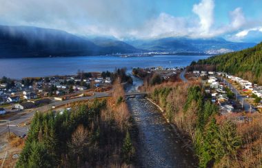 An aerial photo of the Haisla Nation community. It is a village by the ocean.