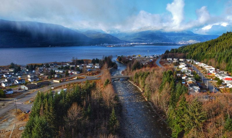 An aerial photo of the Haisla Nation community. It is a village by the ocean.