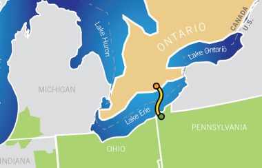 A physical map is shown of Lake Erie and its surrounding area. A yellow Line demonstrates where the pipeline will be running through Lake Erie