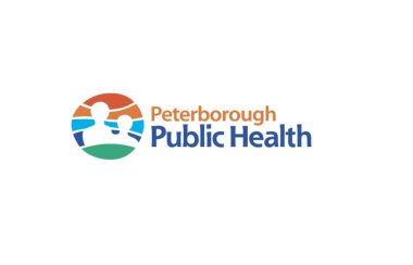The orange, blue and green Peterborough Public Health Logo. It has two people in a white shadow inside a colourful circle.