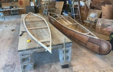 Traditional Mi'kmaq birch bark canoe being built