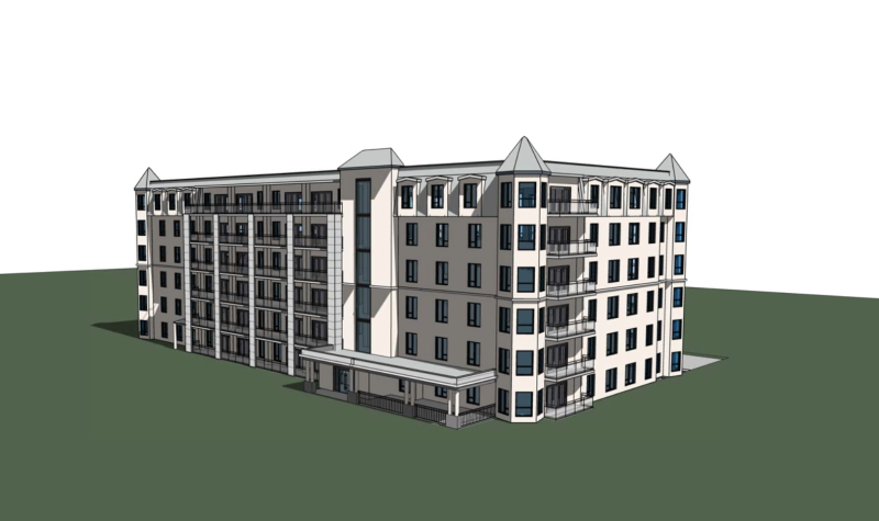 An architect's rendering of six storey multi unit residential building.