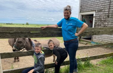 Laura Hunter leans on a fence with her two grandchildren. Behind the fence are two donkeys.