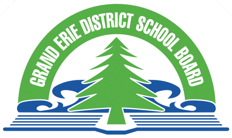 Green semi circle sits above a green evergreen tree with blue waves surrounding the bottom half of the tree. Grand Erie District School Board in text all along the green semi circle. with the withs Learn Lead and Inspire all sitting beneath the tree in green, orange, and blue boxes.