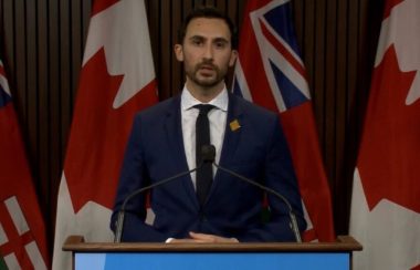 Minister of Education Stephen Lecce stands at a podium at Queen's Park