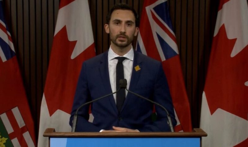 Minister of Education Stephen Lecce stands at a podium at Queen's Park