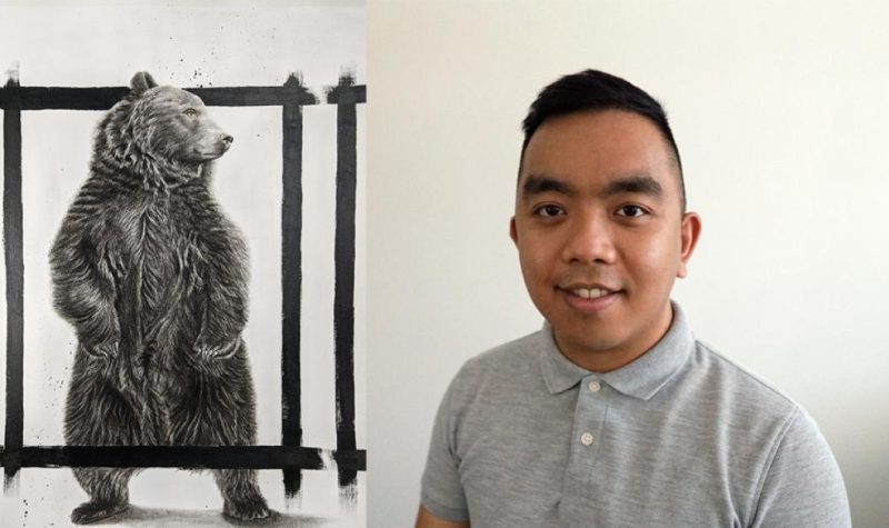 A photo of Leo Recilla beside his artwork. A drawing of a bear in a black frame.