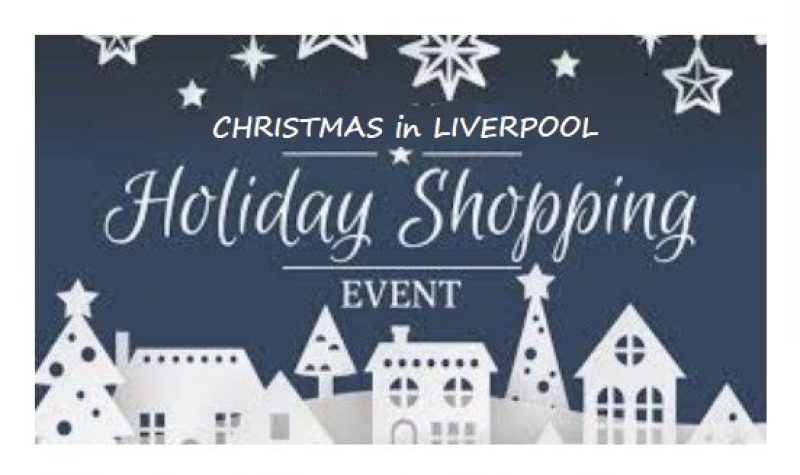A blue and white online poster for the Christmas in Liverpool Holiday Shopping event.