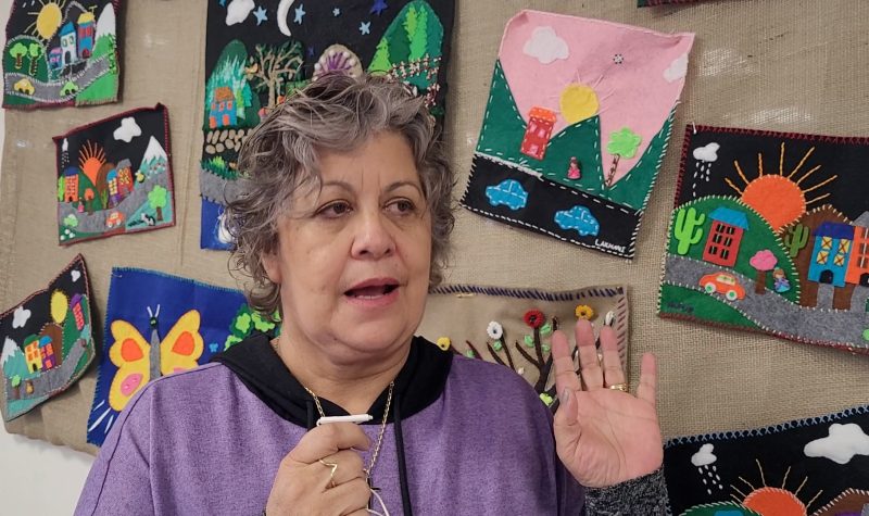 Mujer con suéter morado, detras de ella cualga una mural de molas