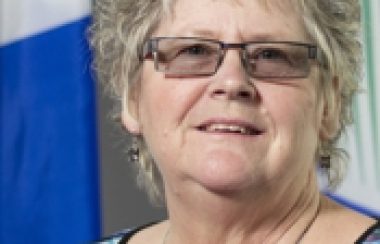 A professional headshot of Lynne Cameron wearing glasses and a multicoloured shirt, standing in front of a Quebec flag.