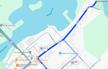 A map showing a route from Court St to Fort Point Park via Main Street in Liverpool, Nova Scotia