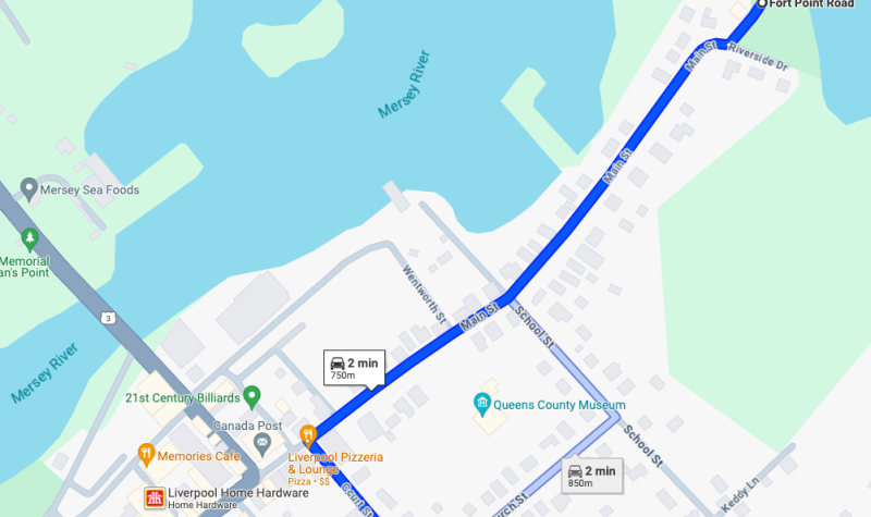 A map showing a route from Court St to Fort Point Park via Main Street in Liverpool, Nova Scotia