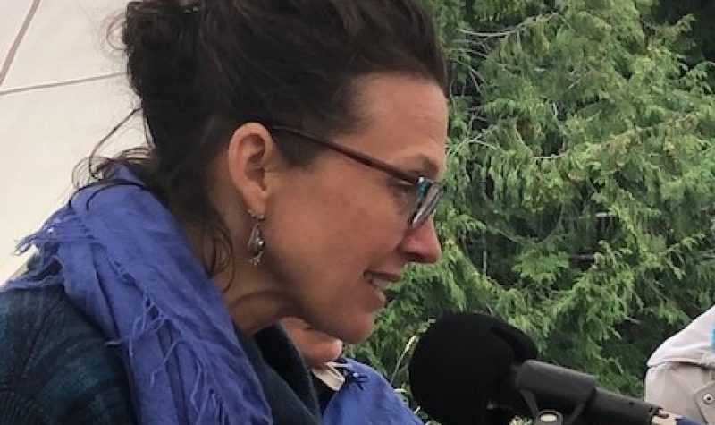 A brown haired woman with glasses speaks into a microphone.