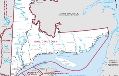 Une carte géographique délimitant la circonscription de Manicouagan.