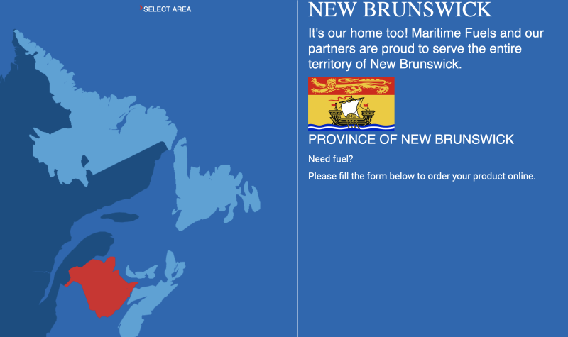 Website screencap showing a map of Atlantic provinces with New Brunswick highlighted, and New Brunswick flag beside it, with text explaining that Maritime Fuels serves the province.