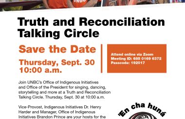 An orange and white poster advertising the Talking Circle Truth and Reconciliation event on Sept.30 at UNBC.