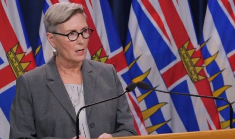 Mary Ellen Turpel-Lafond stands at a podium with BC flags behind it.